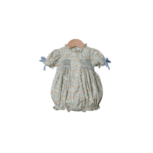 Smocked Heirloom Blue Velvet Floral Bubble