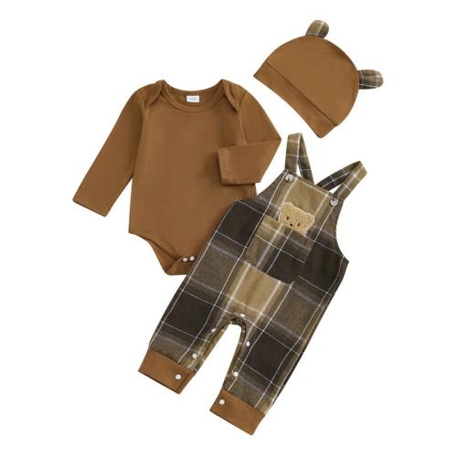 Baby Boys 3PCS Outfit Sets Long Sleeve O Neck Romper Plaid Suspender - TikTok Shop