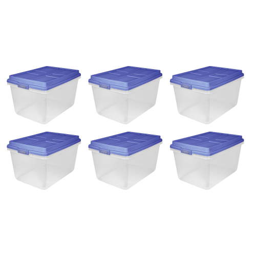 Hefty 72 Qt. Clear Plastic Storage Bin with Blue HI-RISE Lid, 6 Pack