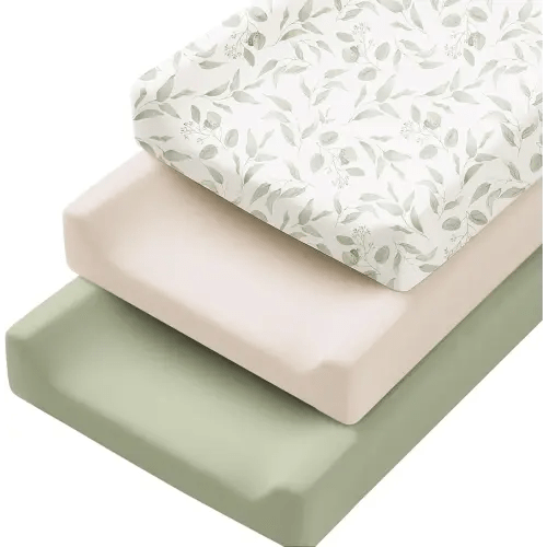 Konssy 3 Pack Stretchy Changing Pad Covers for Girl, Boy, Silky Soft Changing Table Cover, Breathable Baby Nursery Diaper Chang Pad Sheets (Green Leaves)