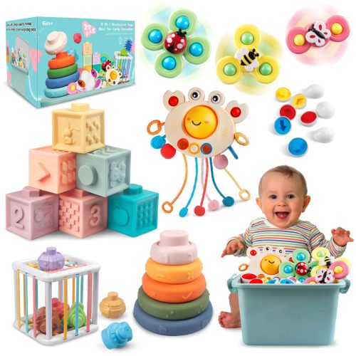 Plunack 6 in 1 Baby Toys - Montessori Stacking Blocks & Rings, Medium, Colourful, Model MBT691 for 6-12 Months, Ideal Sensory Toy