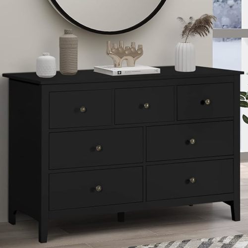 Vikiullf Modern Black Dresser for Bedroo, Wooden 7 Drawer Storage Cabinet for Bedroom,Living Room, Hallway, Entryway