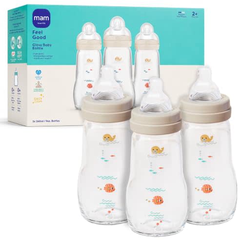 MAM 9oz Pure Glass Feel Good Anti-Colic 2+ Months Baby Bottle, 3 Pk, Unisex | Medium Flow Skin Soft Silicone Nipple, Easy Clean, BPA Free, Easy Switch Between Breast & Bottle, Made In Europe