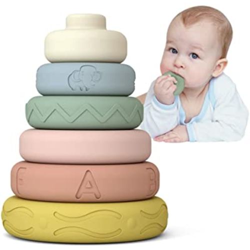 Mini Tudou 6 PCS Baby Stacking & Nesting Toys, Soft Stacking Blocks Ring Stacker, Baby Sensory Teether Toys with Letter, Animal and Shape, Early Learning Toys for Babies Toddlers Kids 6 Months