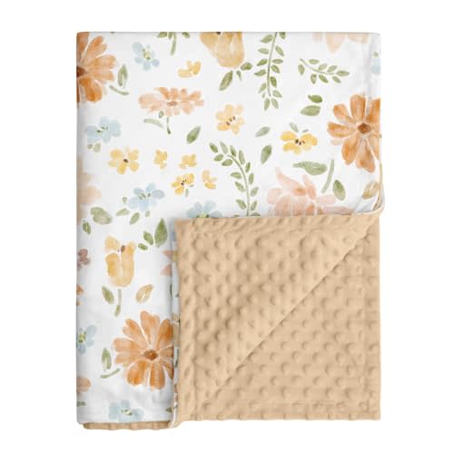 Baby Blanket for Girls, Soft Cozy Nursery Minky Blanket with Double Layer Dotted Backing for Infant Toddler in Crib Stroller, Cute Floral Orange Blanket, 30x40 Inches