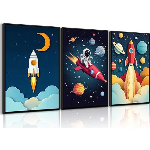 3Pcs Astronaut Wall Art Space Wall Art Toddler Boy Wall Decor Kids Room Wall Decor Boys Room Poster Prints Nursery Canvas Pictures Rocket Astronaut Painting Pictures (12x16in Poster)