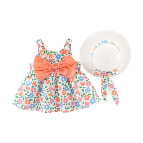 Odeerbi Toddler Girl Summer Beach Dress with Sun Hat Baby Bow Flower Print Suspender Dress Hat Suit Orange