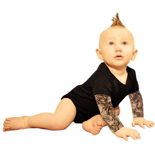 Wild Rose Baby Tattoo Shirt (Bodysuit with Tattoo Sleeves) - Grim Reaper Frankenstein Dragon Blackwork
