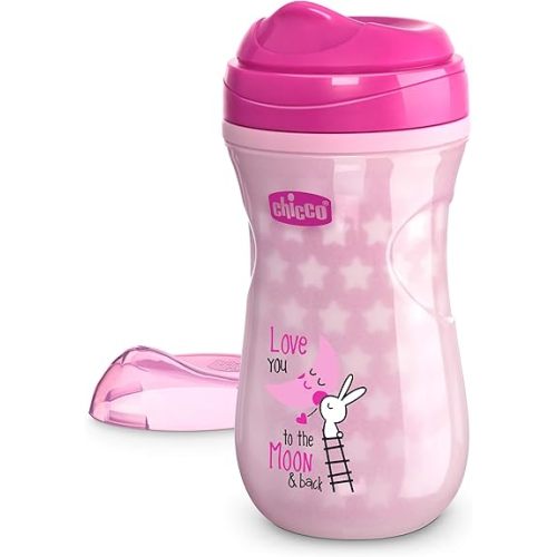 Chicco Glow in the Dark Double-Wall Insulated Sippy Cup with Bite-Proof Rim Spout and Spill-Free Lid 9oz.| Top-Rack Dishwasher Safe | Easy to Hold with Ergonomic Indents | Pink| 12+ months
