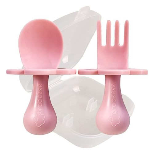 Grabease Baby Feeding Utensils Set - Travel Case for To-Go Toddler Containers - Choke-Guard for Baby Led Weaning Forks - Dishwasher Safe Toddler Spoon - Plastic, Blush, Pack of 1