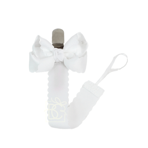 Scalloped Pacifier Clip with Detachable Bow - White