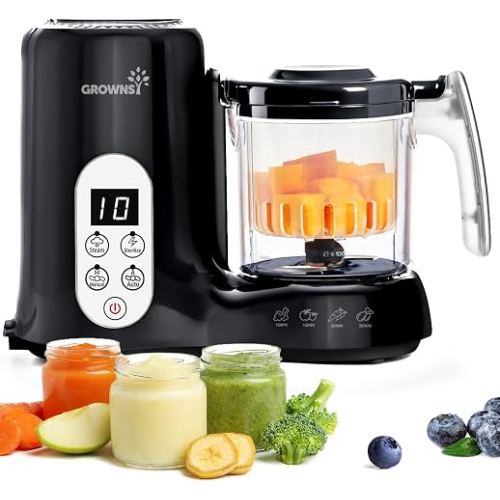 Grownsy Baby Food Maker, Steamer & Blender Baby Food Processor, Black | BPA-Free Elevated Steam Basket, Healthy Homemade Baby Food Purees, Starting Solids & BLW, Baby Feeding Essentials, 6+ Months