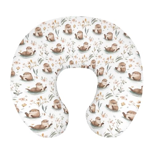 Cute Otters Floral Nursing Pillow Cover Stretchy and Soft for Baby Girls Boys Sea Animals Wildflowers Breastfeeding Pillow Slipcovers for Pond Animal Standard Nursing Pillows for Infant