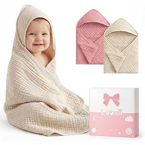 Looxii Baby Bath Towels 2 Pack Muslin Hooded Baby Towels for Newborn and Infants, 100% Cotton, Large 32x32Inch, Soft and Absorbent Beige+Pink