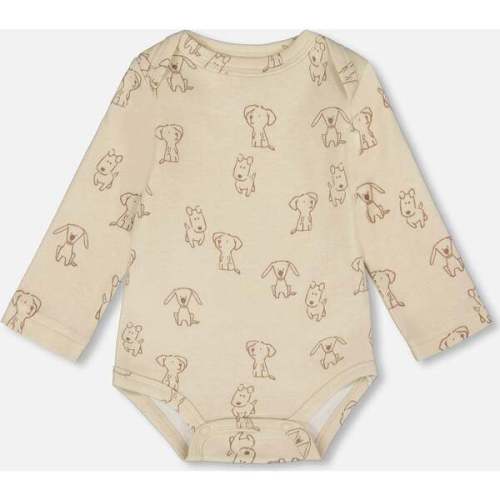Organic Cotton Onesie, Beige Puppy Print - Deux par Deux | Maisonette