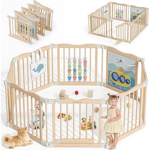 Foldable Wooden Playpen - Adjustable Wood Baby Play Yard with Child-Proof Lock, Indoor Large Safety Fence for Babies and Toddlers - Easy Assembly, 55 x 55 x 24 inches, Natural Ocean Adventure