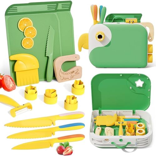 Montessori Kitchen Tools for Toddlers,Kids Knife for Real Cooking,Toddlers Knife Set with Storage Box Kids Safe Knives Children Cutting Set for Girl Boy,Montessori Toys for Kitchen Set -Green