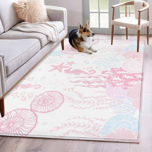 Rectangle Area Rugs 3 x 5 Ft, Coastal Pink Non-Slip Residential Carpet, Ocean Coral Starfish Jellyfish Seahorse Indoor Crawling Mats Runner Rugs for Living Room/Dining Room/Bedroom
