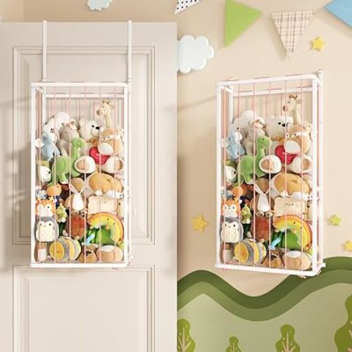 SWTYMIKI Hanging Stuffed Animal Storage - Over Door Large Plush Toy Organizer, Wall Mounted or Corner Stuffie Storage for Nursery, Doll & Bear Plush Organizer for Kid Room Bedroom (Pink, 2-Tier)