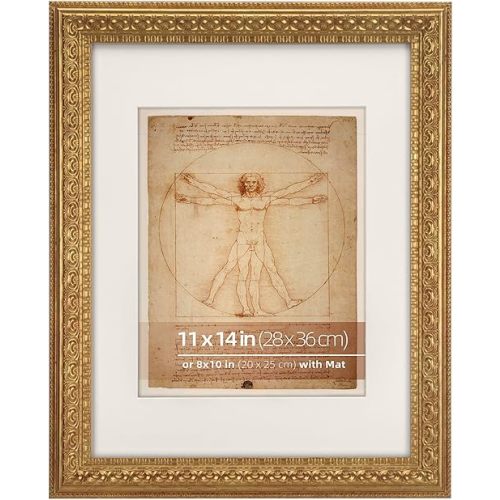 11x14 Distressed Gold Ornate Vintage Picture Frame, With Mat 8x10 inches, Real Glass Protection, Horizontal or Vertical Display