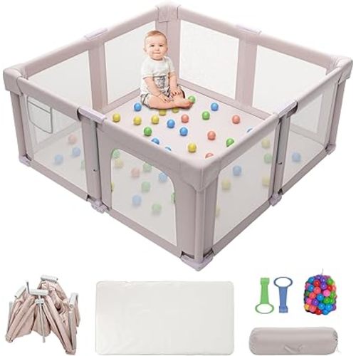 51" Foldable Baby Playpen with Mat, Playpen for Babies and Toddlers with Ocean Balls and Pull Links, Soft Breathable and Visible Mesh, Indoor and Outdoor Play Pen, Pink