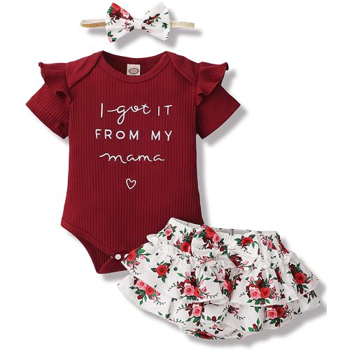 Mioglrie Newborn Baby Girl Clothes Romper Shorts Set Ruffle Infant Knitted Girls' Clothing Daddys Little Maroon 0-3 Months
