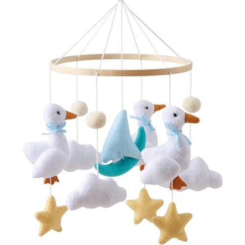 Moyii Handmade Goose & Sailboat Baby Mobile - Boho Nautical Nursery Decor, White Goose and Blue Boat Felt Hanging for Crib, Minimalist Scandinavian Style Baby Shower Gift for Boys & Girls