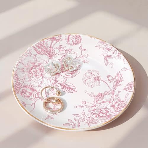 Mifoci Floral Ceramic Jewelry Tray Ring Holder Trinket Dish for Rings Earrings Necklaces Tray Gift for Women Girls(Pink)