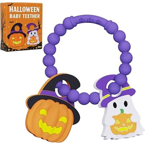 Halloween Baby Teething Toys, Pumpkin & Ghost Silicone Teether for 3-12 Months, Textured Sensory Chewing Ring for Infants & Toddlers, Boo Basket Stuffer, Gift for Baby’s First Halloween