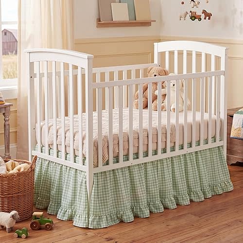Green Gingham Crib Skirt Dust Ruffle 52 x 28 Inch 100% Washed Cotton Ruffle Plaid Baby Crib Bed Skirt Soft Farmhouse for Boys & Girls Nursery Bedding Decor, Fits Standard Cribs