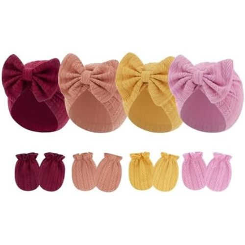 4 Pcs Newborn Hats Mittens Set Infant Cap Bow Hospital Beanie Preemie Hat for Baby Boy Girl 0-6