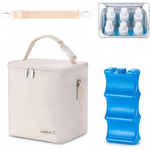 Breastmilk Cooler Bag with Ice Pack Fits 6 Baby Bottles Up to 9 Ounce, Baby Bottle Bag with Shoulder Strap for Nursing Mom Daycare, Cream