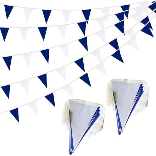 100 Ft Dark Blue White String Flags Pennant Banner Hanging Bunting Flags Blank Banners for Grand Opening,Birthday Party,60 Pack