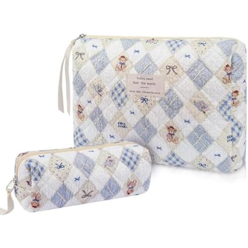 2PC Makeup Bag Set, Cute Cosmetic Bag for Women Girls, Floral Coquette Aesthetic Toiletry Bag, Travel Make Up Organizer Bag (Argyle Bear)