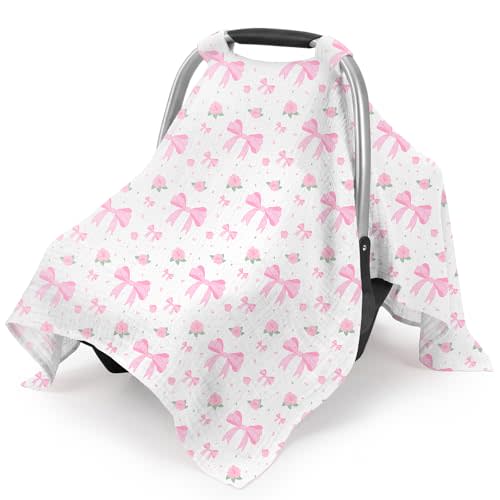 Baby Car Seat Cover, 100% Muslin Cotton Infant Car Seat Canopy Universal Carseat Cover Summer Breathable Sun Protector Canopies for Boys and Girls, Pink Bow