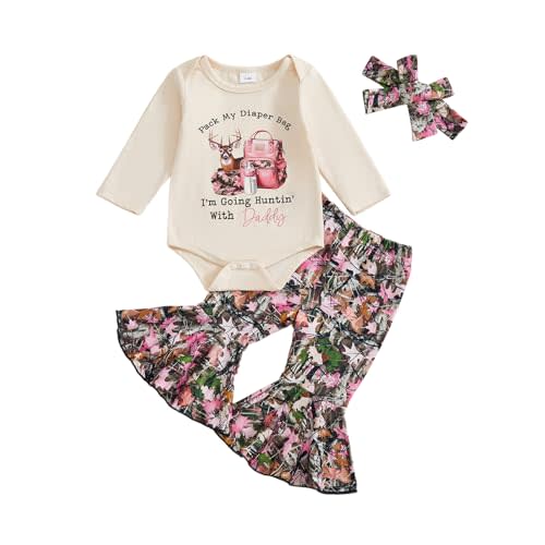 KMBANGI Baby Girl Hunting Outfits Newborn Long Sleeve Letters Print Shirts Romper Leaf Flare Pants 3Pcs Fall Infant Clothing