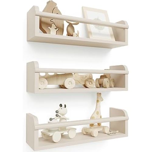Decorative Nursery Bookshelves for Kids - Set of 3 Easy to Install Floating Shelves for Wall Mount - Beautiful Hanging Organizer Furniture for Your Baby Boy or Girl's Bedroom and Play Room Decor