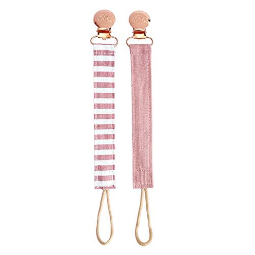 Itzy Ritzy Linen Pacifier Clips; Fabric Pacifier Strap with Clip Keeps Pacifiers & Teethers in Place; Includes Universal Attachment Clip and Loop; 2-Pack of Pink and Pink Stripe