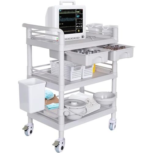 Mobile Medical Carts 3 Tier Professional Utility Cart 330 LBS Max Load Rolling Crash Cart Ultrasound Trolley with Wheels Drawers Dirt Bucket Sharps Box Storage Basket for Hospital Dental Clinic Home