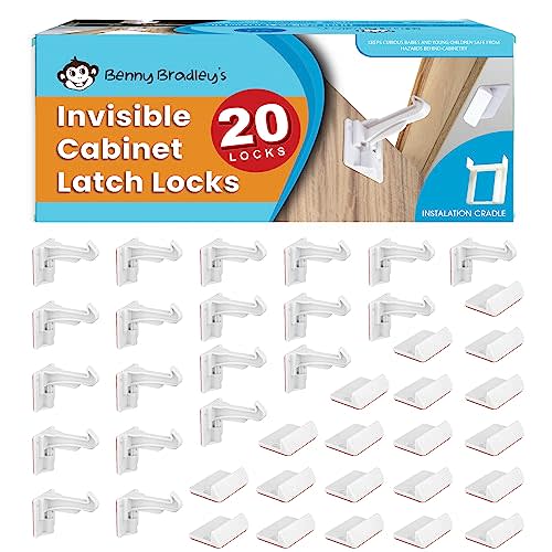 Benny Bradley's Invisible Baby Proofing Cabinet Latch Locks (20 Pack) - No Drilling or Tools Required for Installation, Works with Most Cabinets and Drawers, Works with Countertop Overhangs
