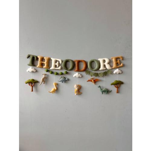 Personalized Dinosaur Felt Name Banner, Dino Nursery Decor, Baby Garland, Kids Wall Hanging
