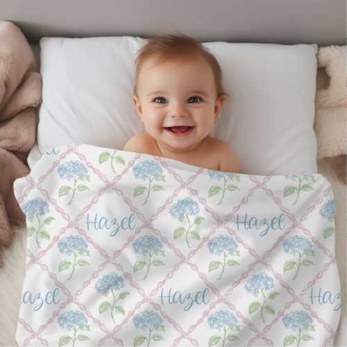 BABY GIRL NAME Blanket, Grandmillenial Nursery, Blue Hydrangea and Pink Ribbon, Personalized Toddler Gift, Granny Chic
