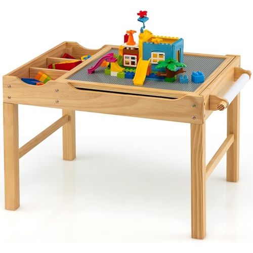 Costzon Kids Table, 3 in 1 Wood Building Block Desk w/Storage, Paper Roll, Reversible Tabletop for Toddler Arts, Crafts, Drawing, Reading, Playing, Gift for Boys Girls, Activity Table (Natural)
