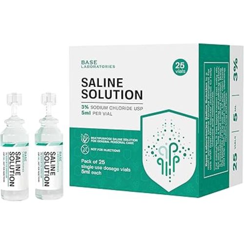 BASE LABORATORIES 3% Saline Solution Vials - Versatile 3% Sodium Chloride Saline Ampoules - Preservative Free Saline Solution Single use vials - USP Grade 25 Vials x 5ml Count
