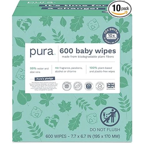Pura Natural Sensitive Baby Wipes, 99% Water, Unscented & Hypoallergenic, Suitable for Sensitive & Eczema-prone Skin, Hypoallergenic, EWG Verified, 10 Pack of 60 Wet Wipes (600 Diaper Wipes) Bulk Buy