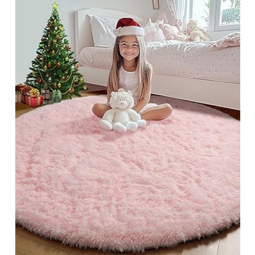 ONASAR Light Pink Round Area Rugs 4ft for Bedroom Living Room, Washable Fluffy Circle Rug for Kids Girls Boys Teen, Soft Plush Shaggy Carpet for Nursery Dorm Classroom Playroom Home Decor Aesthetic