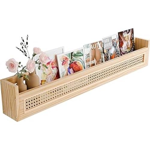 Wood and Rattan Wall Shelf - 36'' Nursery Floating Shelves for Storage, U-Shape Natural Pine Wood Wicker Shelf | Boho Decorative Shelves for Neutral Nursery Decor, Living Room, Bedroom