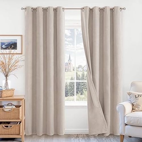BGment 100% Blackout Curtains for Bedroom/Living Room- 84 Inch Long Linen Textured Thermal Insulated Total Light Blocking Bronze Grommet Window Drapes for Farmhouse, 2 Panels, 52 x 84 Inch, Tan