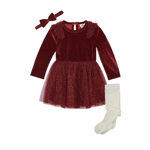 Wonderluxe Baby Girls' Long Sleeve Velvet Dress, 3-Piece Set, Sizes 0-3M-24M
