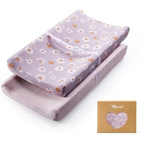 TILLYOU Muslin Changing Pad Cover for Baby Girls Boys, Soft and Breathable Cotton Diaper Changing Table Cover, 2 Pack(Pink Butterfly)